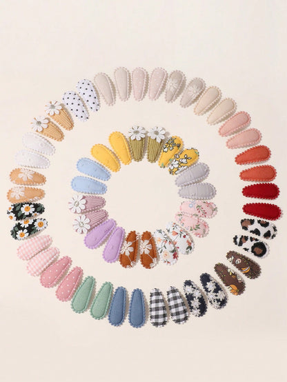 50/20/10 Pieces Baby Girl Cute Toddler Press Button Hair Clips With Flower Pattern- Children BB Clips Fabric Embroidery Water Drop Clips, Printed Hair Clips Baby Bangs Clips, Headdresses Hair Accesso