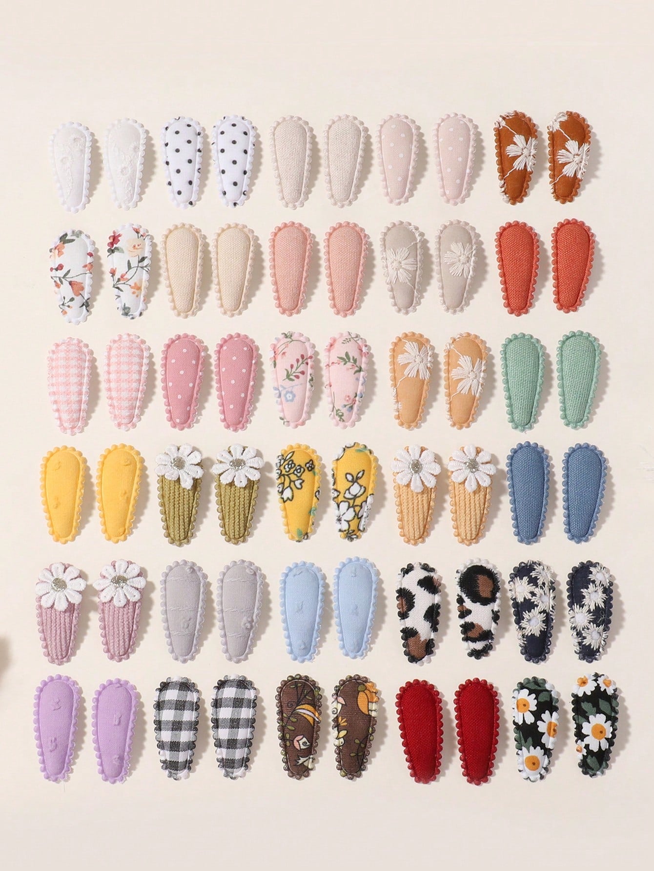 50/20/10 Pieces Baby Girl Cute Toddler Press Button Hair Clips With Flower Pattern- Children BB Clips Fabric Embroidery Water Drop Clips, Printed Hair Clips Baby Bangs Clips, Headdresses Hair Accesso