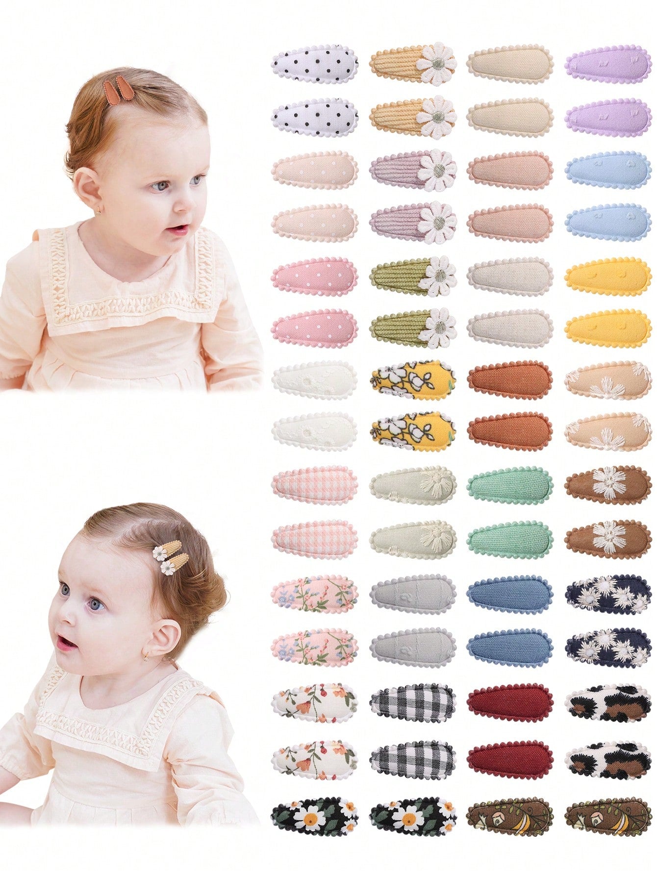 50/20/10 Pieces Baby Girl Cute Toddler Press Button Hair Clips With Flower Pattern- Children BB Clips Fabric Embroidery Water Drop Clips, Printed Hair Clips Baby Bangs Clips, Headdresses Hair Accesso