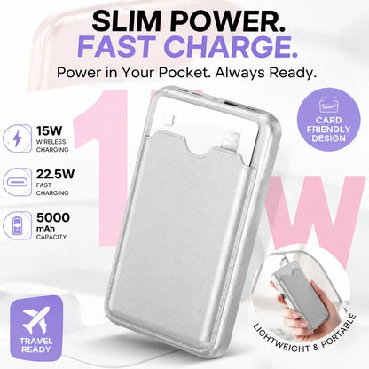 5000mAh Magnetic Power Bank With Card Holder & Wireless Charging, 15W Wireless & 22.5W Wired Fast Charging Portable Battery Pack, Ultra Slim Leather Wallet For Daily Commute, Compatible With IPhone 17