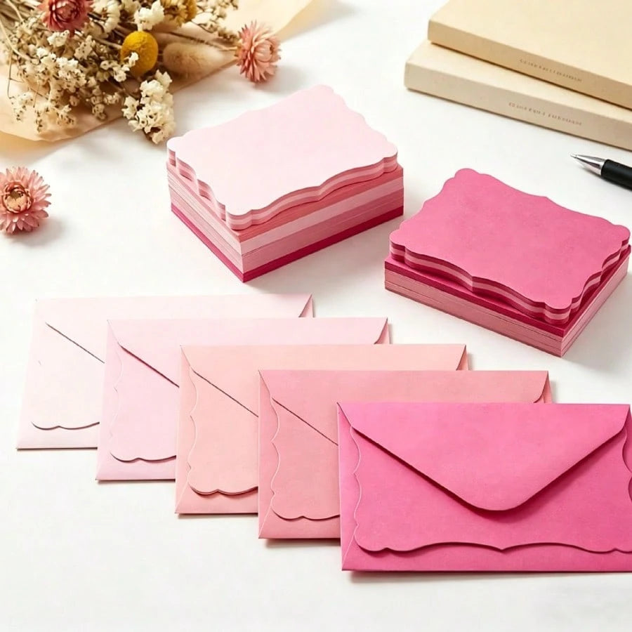 50pcs Envelopes + 50pcs Cards Mini Colorful Envelope Card Set, Includes Wavy Cards In Pink, Blue, Green, Minimalist Card Paper