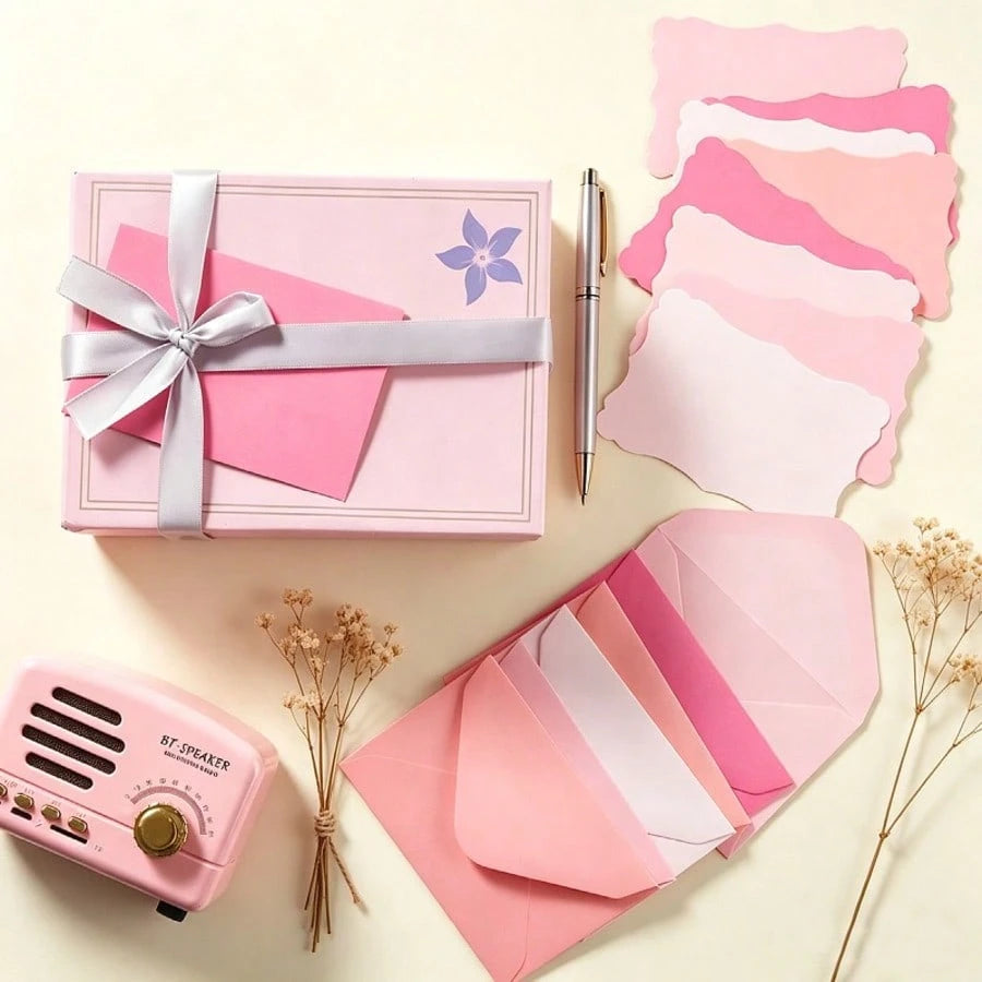 50pcs Envelopes + 50pcs Cards Mini Colorful Envelope Card Set, Includes Wavy Cards In Pink, Blue, Green, Minimalist Card Paper