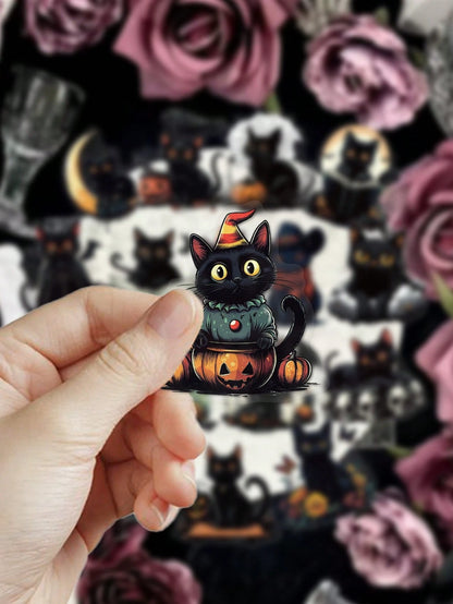 50pcs Halloween Black Cat Stickers For Planner, Journal, Scrapbook, Notebook, Luggage, Envelope, Greeting Card, Tablet, Water Bottle