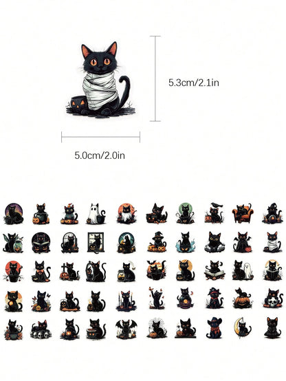 50pcs Halloween Black Cat Stickers For Planner, Journal, Scrapbook, Notebook, Luggage, Envelope, Greeting Card, Tablet, Water Bottle