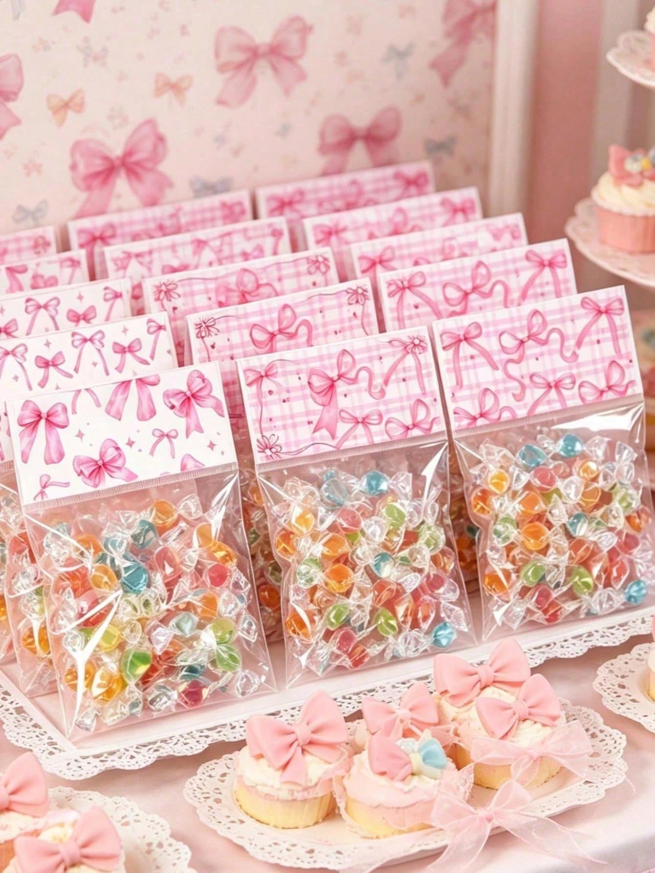 50pcs Pink Bow Transparent Candy Bags, Birthday Party Candy Bags, Wedding Gift Bags, Pink Bow Party Favor Bags, Baby Shower Cookie Bags, Girl 1st Birthday Party Gift Bags, Snack Packaging Bags, Bow Bi