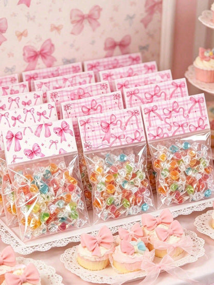 50pcs Pink Bow Transparent Candy Bags, Birthday Party Candy Bags, Wedding Gift Bags, Pink Bow Party Favor Bags, Baby Shower Cookie Bags, Girl 1st Birthday Party Gift Bags, Snack Packaging Bags, Bow Bi