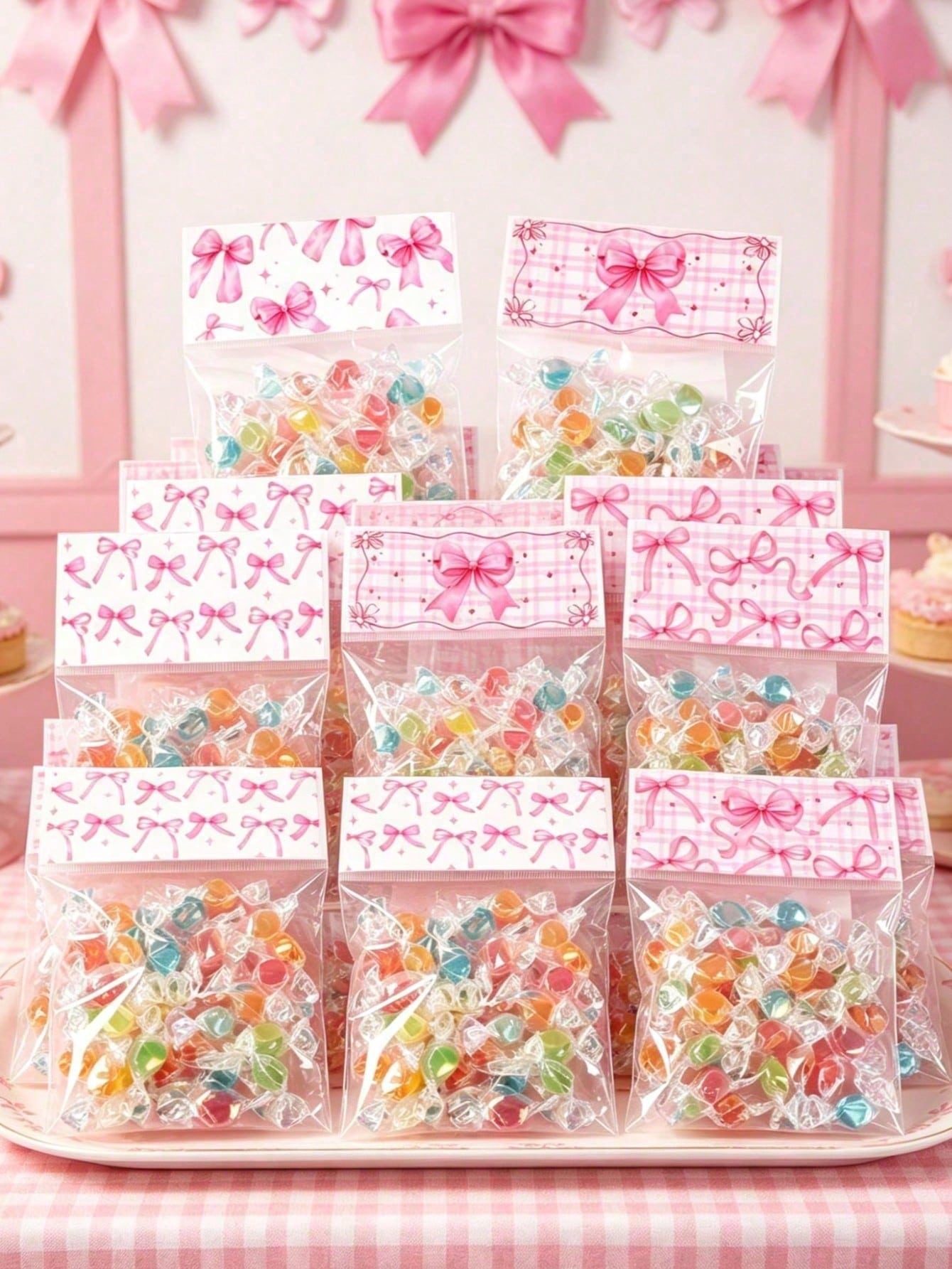 50pcs Pink Bow Transparent Candy Bags, Birthday Party Candy Bags, Wedding Gift Bags, Pink Bow Party Favor Bags, Baby Shower Cookie Bags, Girl 1st Birthday Party Gift Bags, Snack Packaging Bags, Bow Bi