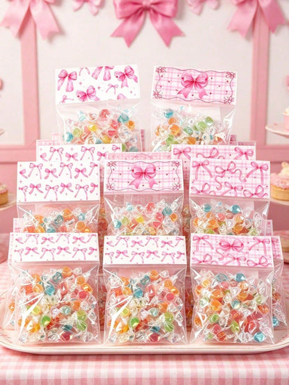 50pcs Pink Bow Transparent Candy Bags, Birthday Party Candy Bags, Wedding Gift Bags, Pink Bow Party Favor Bags, Baby Shower Cookie Bags, Girl 1st Birthday Party Gift Bags, Snack Packaging Bags, Bow Bi