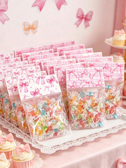 50pcs Pink Bow Transparent Candy Bags, Birthday Party Candy Bags, Wedding Gift Bags, Pink Bow Party Favor Bags, Baby Shower Cookie Bags, Girl 1st Birthday Party Gift Bags, Snack Packaging Bags, Bow Bi