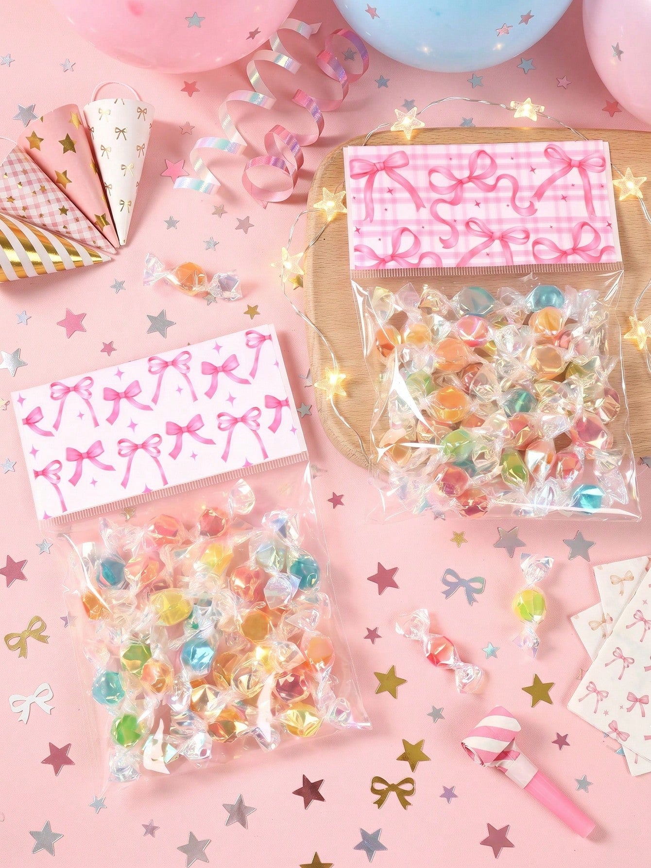50pcs Pink Bow Transparent Candy Bags, Birthday Party Candy Bags, Wedding Gift Bags, Pink Bow Party Favor Bags, Baby Shower Cookie Bags, Girl 1st Birthday Party Gift Bags, Snack Packaging Bags, Bow Bi