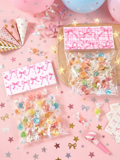 50pcs Pink Bow Transparent Candy Bags, Birthday Party Candy Bags, Wedding Gift Bags, Pink Bow Party Favor Bags, Baby Shower Cookie Bags, Girl 1st Birthday Party Gift Bags, Snack Packaging Bags, Bow Bi