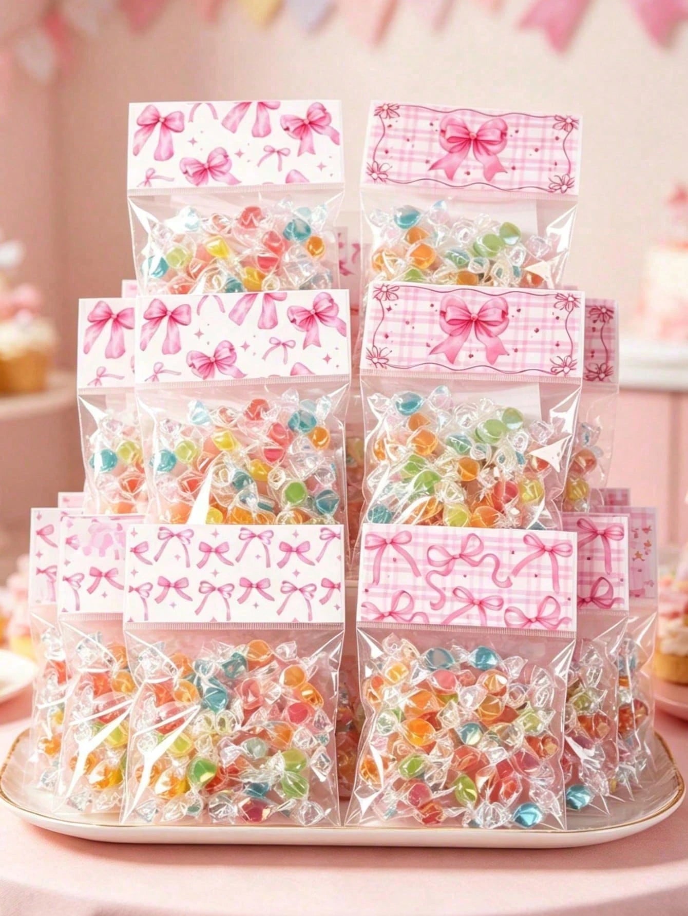 50pcs Pink Bow Transparent Candy Bags, Birthday Party Candy Bags, Wedding Gift Bags, Pink Bow Party Favor Bags, Baby Shower Cookie Bags, Girl 1st Birthday Party Gift Bags, Snack Packaging Bags, Bow Bi