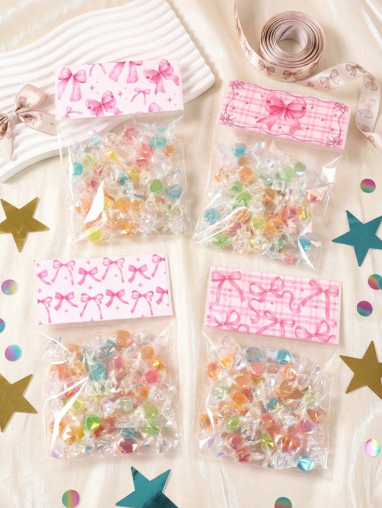 50pcs Pink Bow Transparent Candy Bags, Birthday Party Candy Bags, Wedding Gift Bags, Pink Bow Party Favor Bags, Baby Shower Cookie Bags, Girl 1st Birthday Party Gift Bags, Snack Packaging Bags, Bow Bi