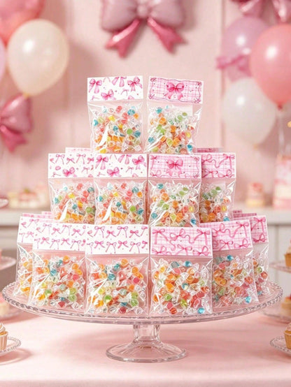50pcs Pink Bow Transparent Candy Bags, Birthday Party Candy Bags, Wedding Gift Bags, Pink Bow Party Favor Bags, Baby Shower Cookie Bags, Girl 1st Birthday Party Gift Bags, Snack Packaging Bags, Bow Bi
