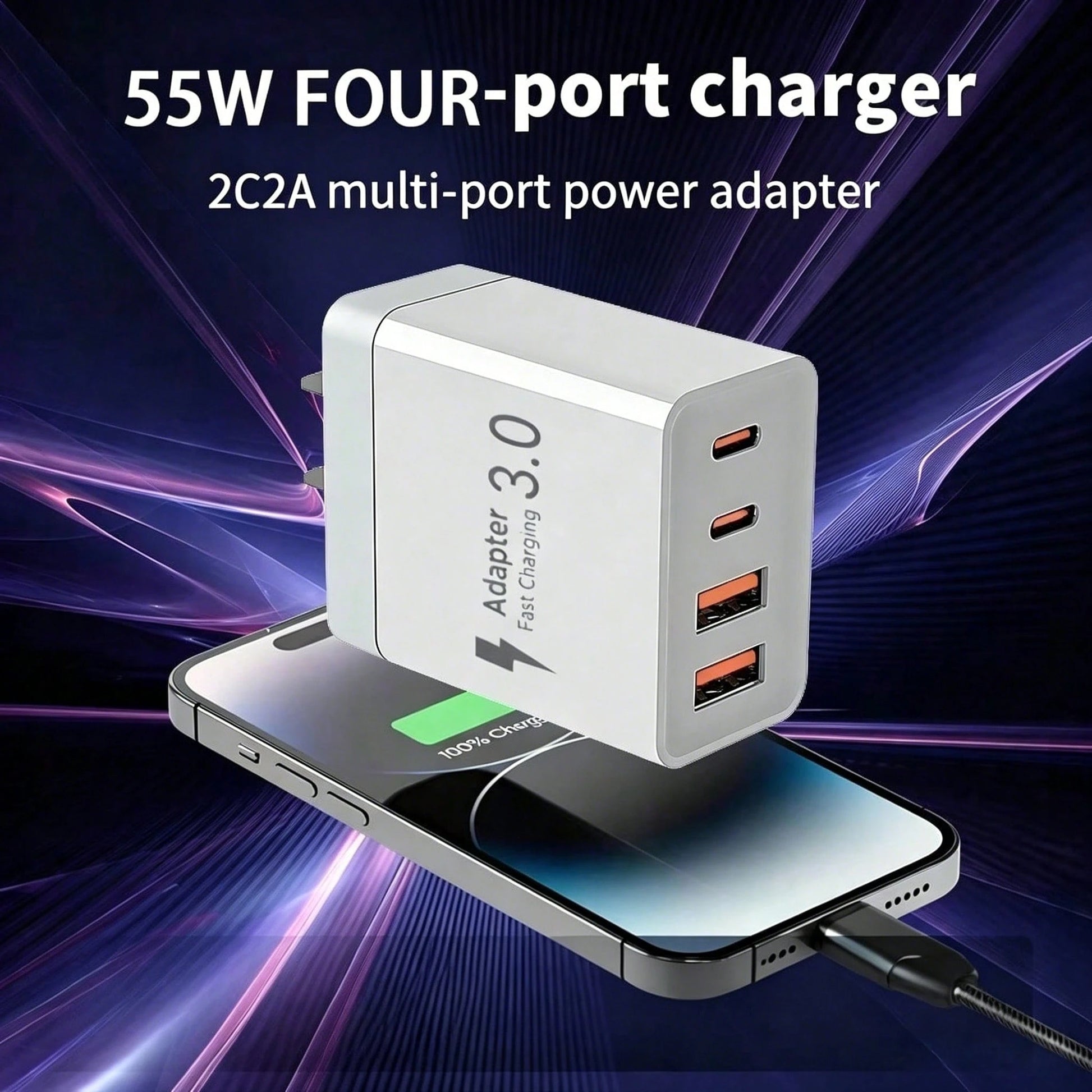 55W Total Output 4-Port Fast Charger, 2 USB-A + 2 USB-C Multi-Port Charging Head, Optional 1m Fast Charging Cable (USB-C To C/ USB-C To Lightning/ USB-A To C/ USB-A To Lightning), Compatible With I