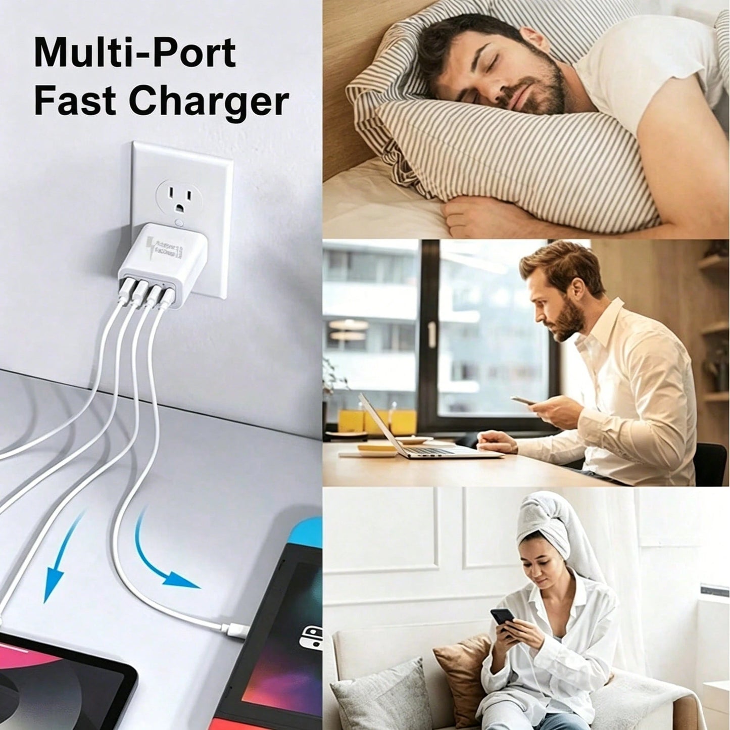 55W Total Output 4-Port Fast Charger, 2 USB-A + 2 USB-C Multi-Port Charging Head, Optional 1m Fast Charging Cable (USB-C To C/ USB-C To Lightning/ USB-A To C/ USB-A To Lightning), Compatible With I