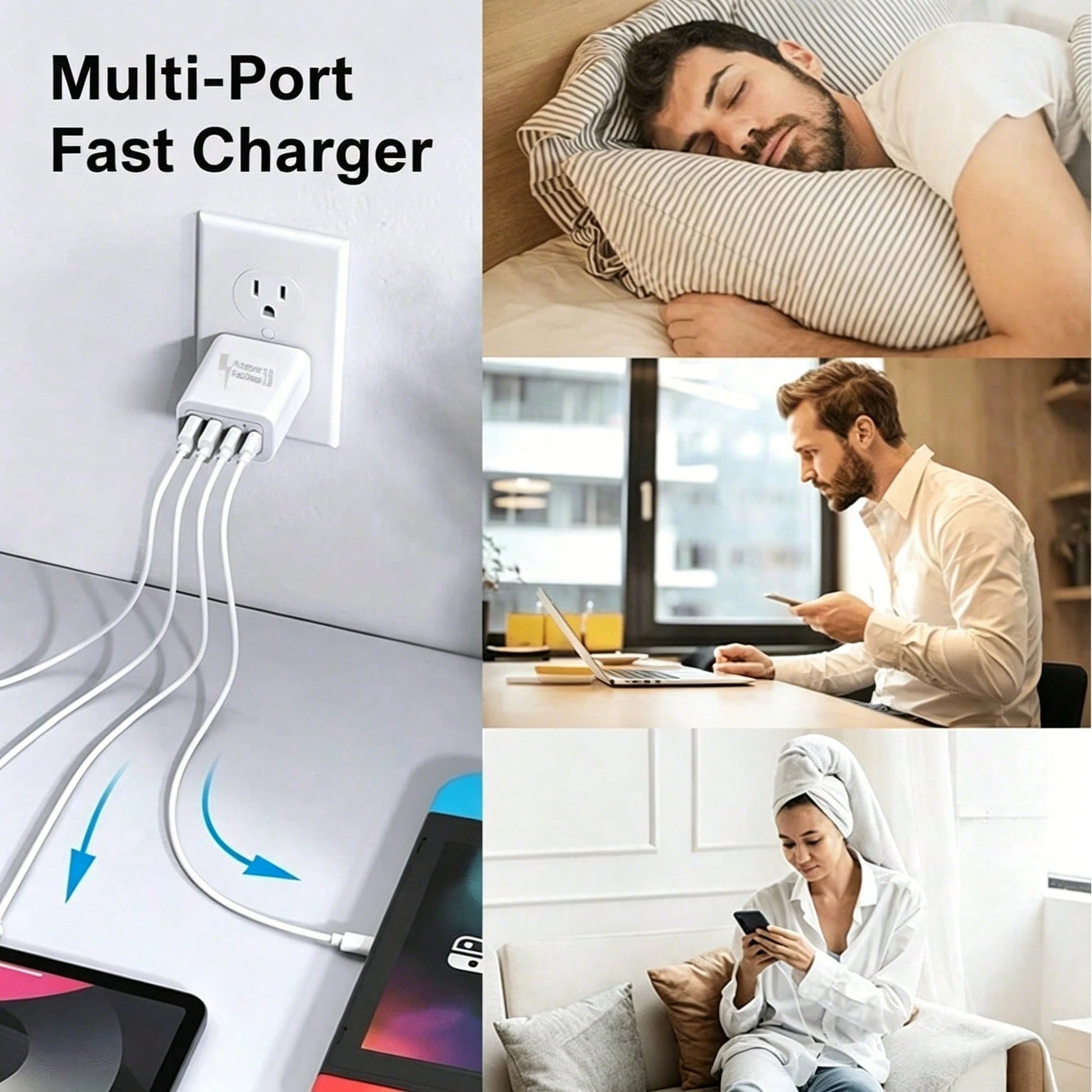 55W Total Output 4-Port Fast Charger, 2 USB-A + 2 USB-C Multi-Port Charging Head, Optional 1m Fast Charging Cable (USB-C To C/ USB-C To Lightning/ USB-A To C/ USB-A To Lightning), Compatible With I