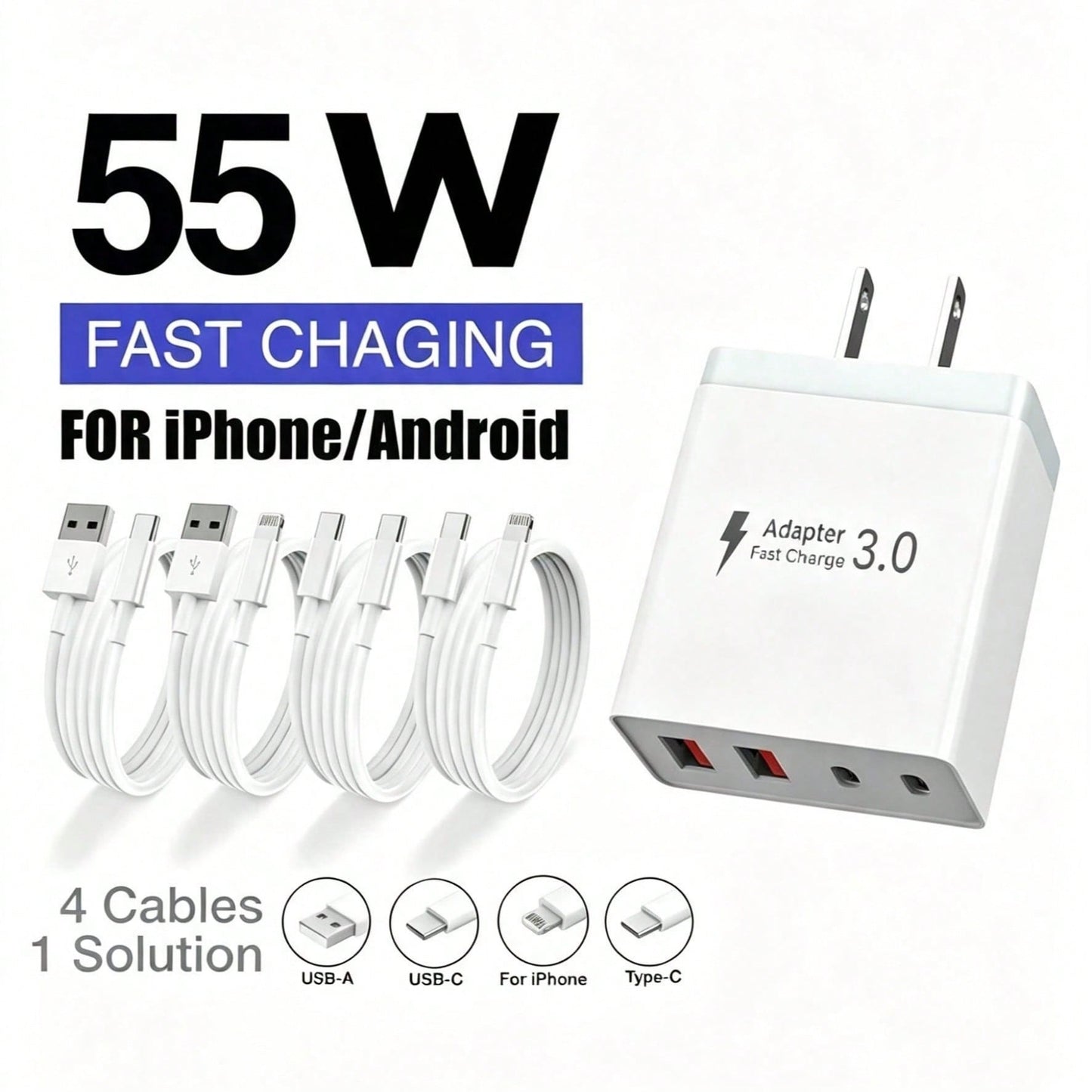 55W Total Output 4-Port Fast Charger, 2 USB-A + 2 USB-C Multi-Port Charging Head, Optional 1m Fast Charging Cable (USB-C To C/ USB-C To Lightning/ USB-A To C/ USB-A To Lightning), Compatible With I