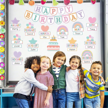 56 Pieces Happy Birthday Bulletin Board Set, Birthday Chart For Classroom, Birthday'S Board Classroom Decor, Birthdays Cutouts For School Wall Decoration