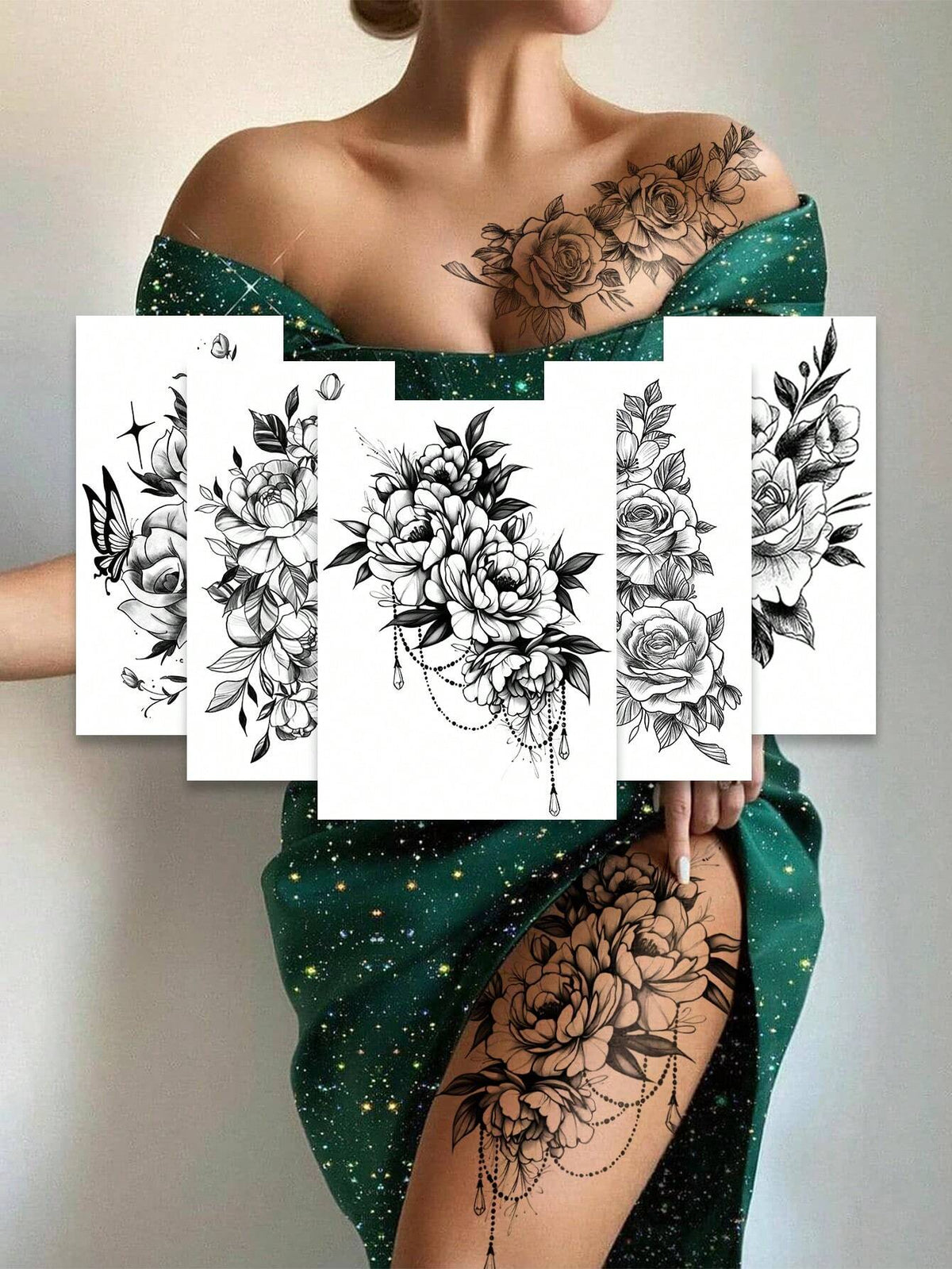 5pcs Black Floral Temporary Tattoo Stickers, Black Floral & Butterfly Pattern Tattoo Stickers, Waterproof & Sweat-Resistant Fake Tattoos, Suitable For Abdomen, Legs And Back, Perfect For Festivals, Pa