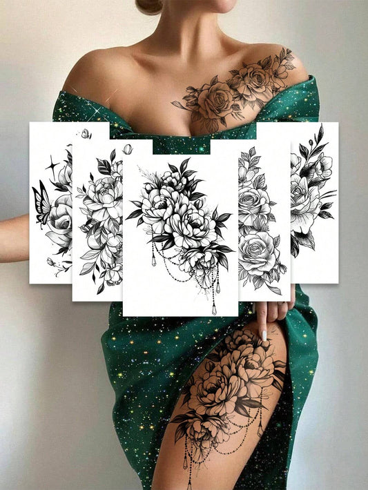 5pcs Black Floral Temporary Tattoo Stickers, Black Floral & Butterfly Pattern Tattoo Stickers, Waterproof & Sweat-Resistant Fake Tattoos, Suitable For Abdomen, Legs And Back, Perfect For Festivals, Pa