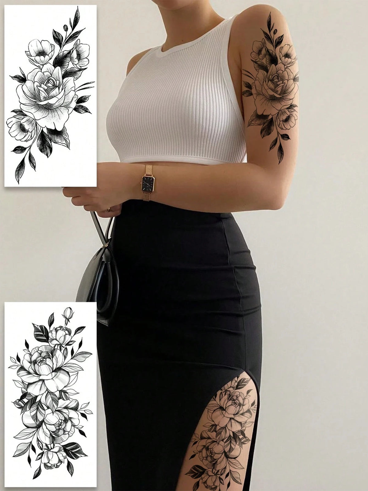 5pcs Black Floral Temporary Tattoo Stickers, Black Floral & Butterfly Pattern Tattoo Stickers, Waterproof & Sweat-Resistant Fake Tattoos, Suitable For Abdomen, Legs And Back, Perfect For Festivals, Pa