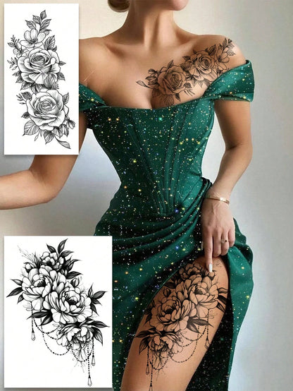 5pcs Black Floral Temporary Tattoo Stickers, Black Floral & Butterfly Pattern Tattoo Stickers, Waterproof & Sweat-Resistant Fake Tattoos, Suitable For Abdomen, Legs And Back, Perfect For Festivals, Pa