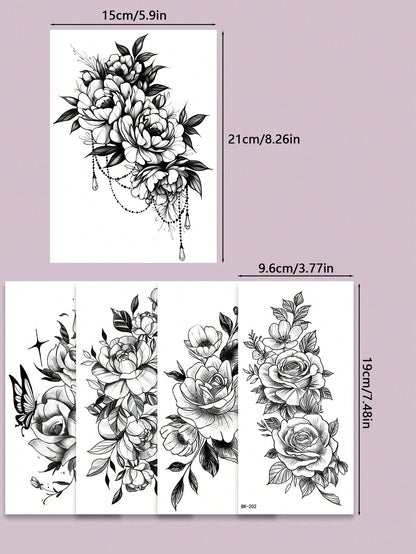 5pcs Black Floral Temporary Tattoo Stickers, Black Floral & Butterfly Pattern Tattoo Stickers, Waterproof & Sweat-Resistant Fake Tattoos, Suitable For Abdomen, Legs And Back, Perfect For Festivals, Pa