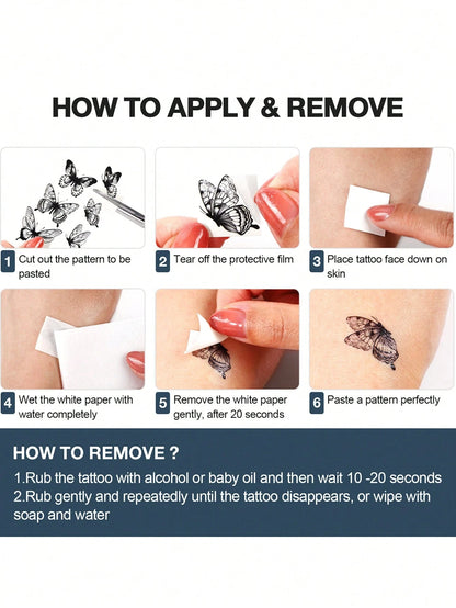 5pcs Black Floral Temporary Tattoo Stickers, Black Floral & Butterfly Pattern Tattoo Stickers, Waterproof & Sweat-Resistant Fake Tattoos, Suitable For Abdomen, Legs And Back, Perfect For Festivals, Pa