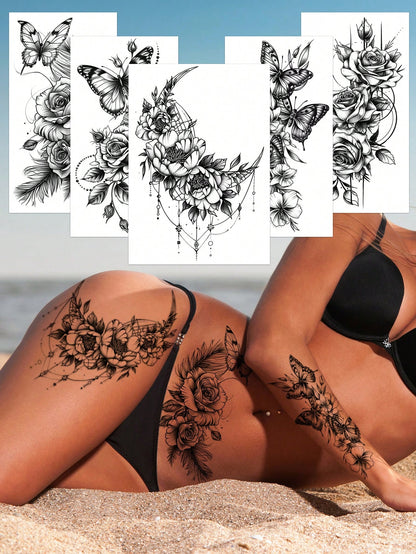 5pcs Black Floral Temporary Tattoo Stickers, Black Floral & Butterfly Pattern Tattoo Stickers, Waterproof & Sweat-Resistant Fake Tattoos, Suitable For Abdomen, Legs And Back, Perfect For Festivals, Pa