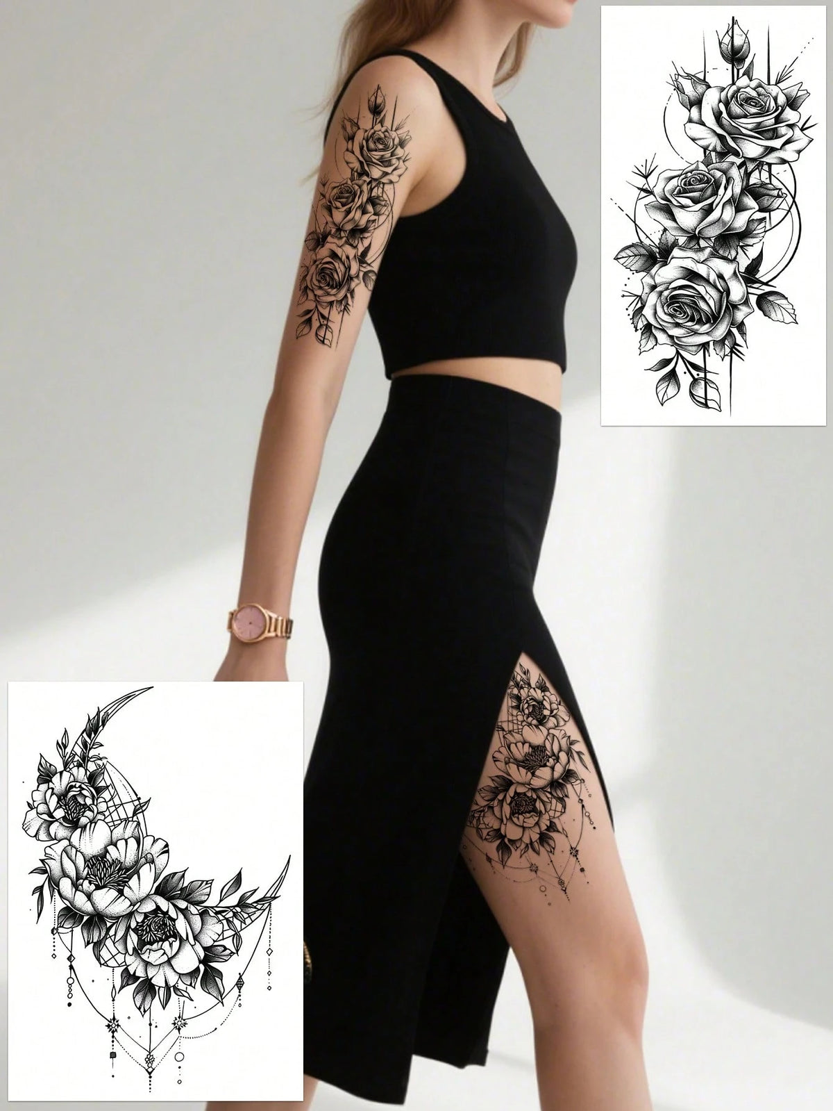 5pcs Black Floral Temporary Tattoo Stickers, Black Floral & Butterfly Pattern Tattoo Stickers, Waterproof & Sweat-Resistant Fake Tattoos, Suitable For Abdomen, Legs And Back, Perfect For Festivals, Pa