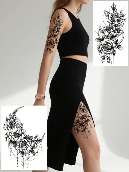 5pcs Black Floral Temporary Tattoo Stickers, Black Floral & Butterfly Pattern Tattoo Stickers, Waterproof & Sweat-Resistant Fake Tattoos, Suitable For Abdomen, Legs And Back, Perfect For Festivals, Pa