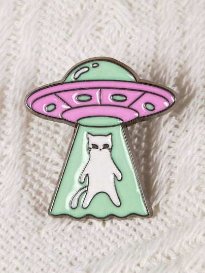 5pcs Cartoon Alien Cat Series Brooches, Funny Cat Spaceship Metal Badges For Clothes, Bags, Hats Decoration, Creative Gift