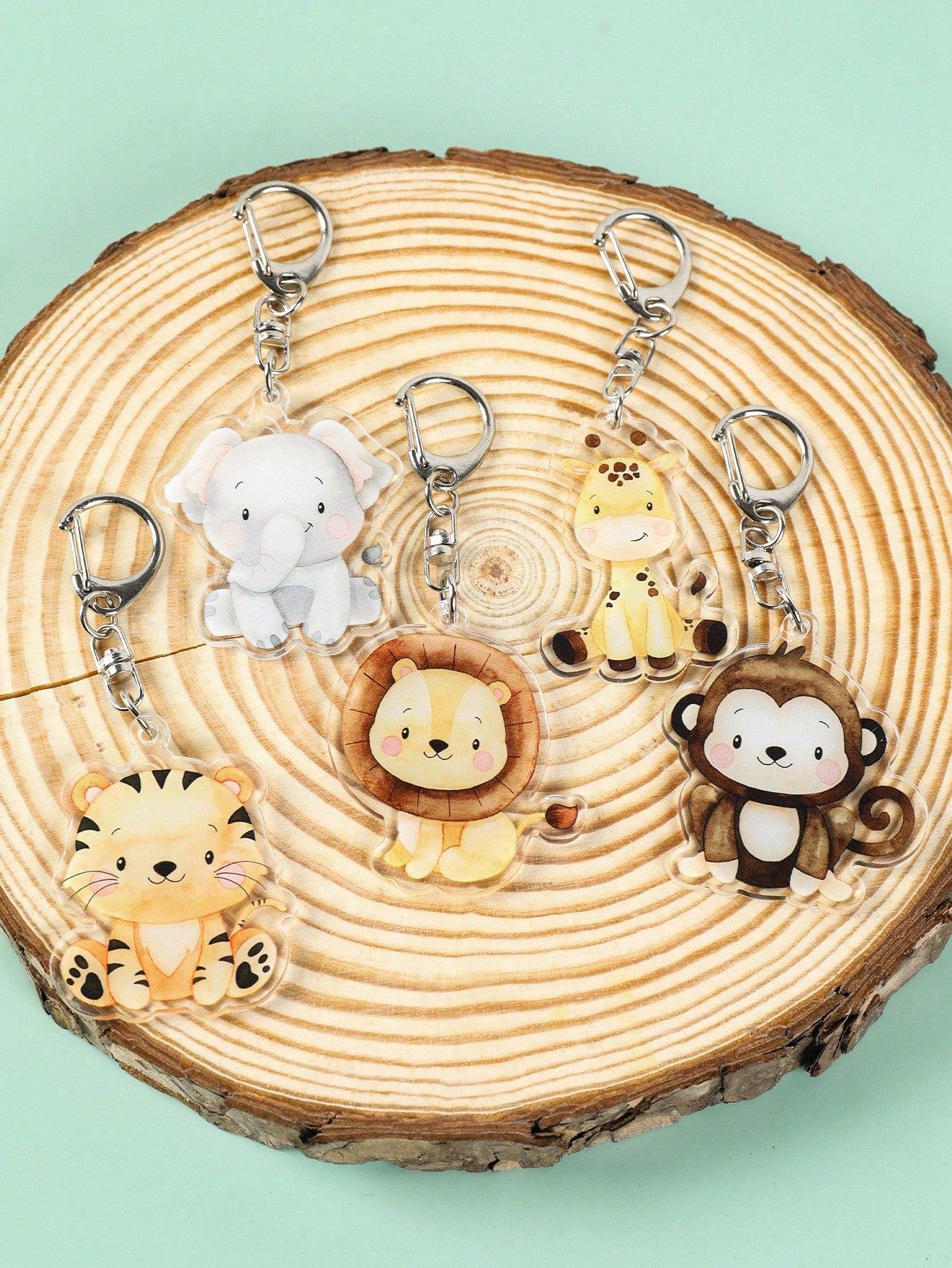 5pcs Cartoon Animal Keychain Set, Acrylic Keyrings With Elephant, Lion, Monkey, Tiger, Giraffe Patterns, Cute Animal Pendants, Jungle Animal Party Supplies, Jungle Theme Birthday Party, Baby Shower De