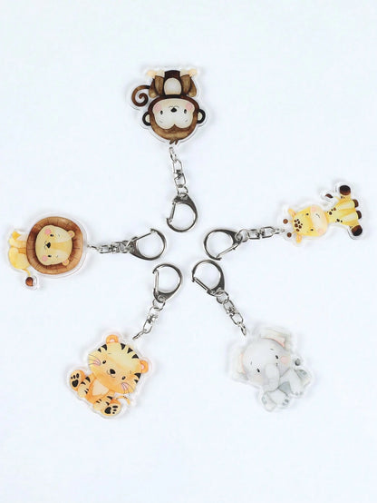 5pcs Cartoon Animal Keychain Set, Acrylic Keyrings With Elephant, Lion, Monkey, Tiger, Giraffe Patterns, Cute Animal Pendants, Jungle Animal Party Supplies, Jungle Theme Birthday Party, Baby Shower De