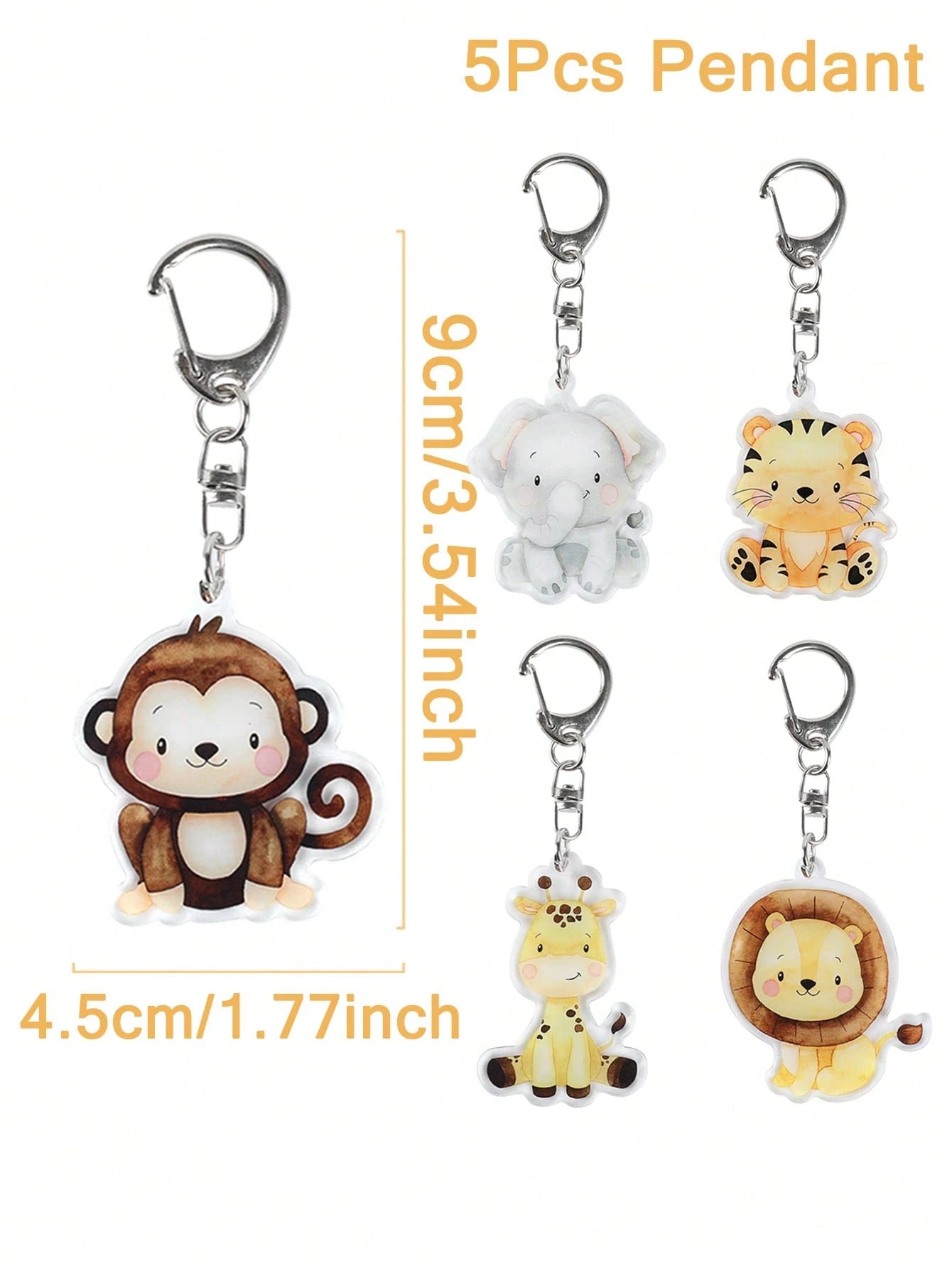 5pcs Cartoon Animal Keychain Set, Acrylic Keyrings With Elephant, Lion, Monkey, Tiger, Giraffe Patterns, Cute Animal Pendants, Jungle Animal Party Supplies, Jungle Theme Birthday Party, Baby Shower De