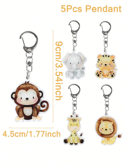 5pcs Cartoon Animal Keychain Set, Acrylic Keyrings With Elephant, Lion, Monkey, Tiger, Giraffe Patterns, Cute Animal Pendants, Jungle Animal Party Supplies, Jungle Theme Birthday Party, Baby Shower De