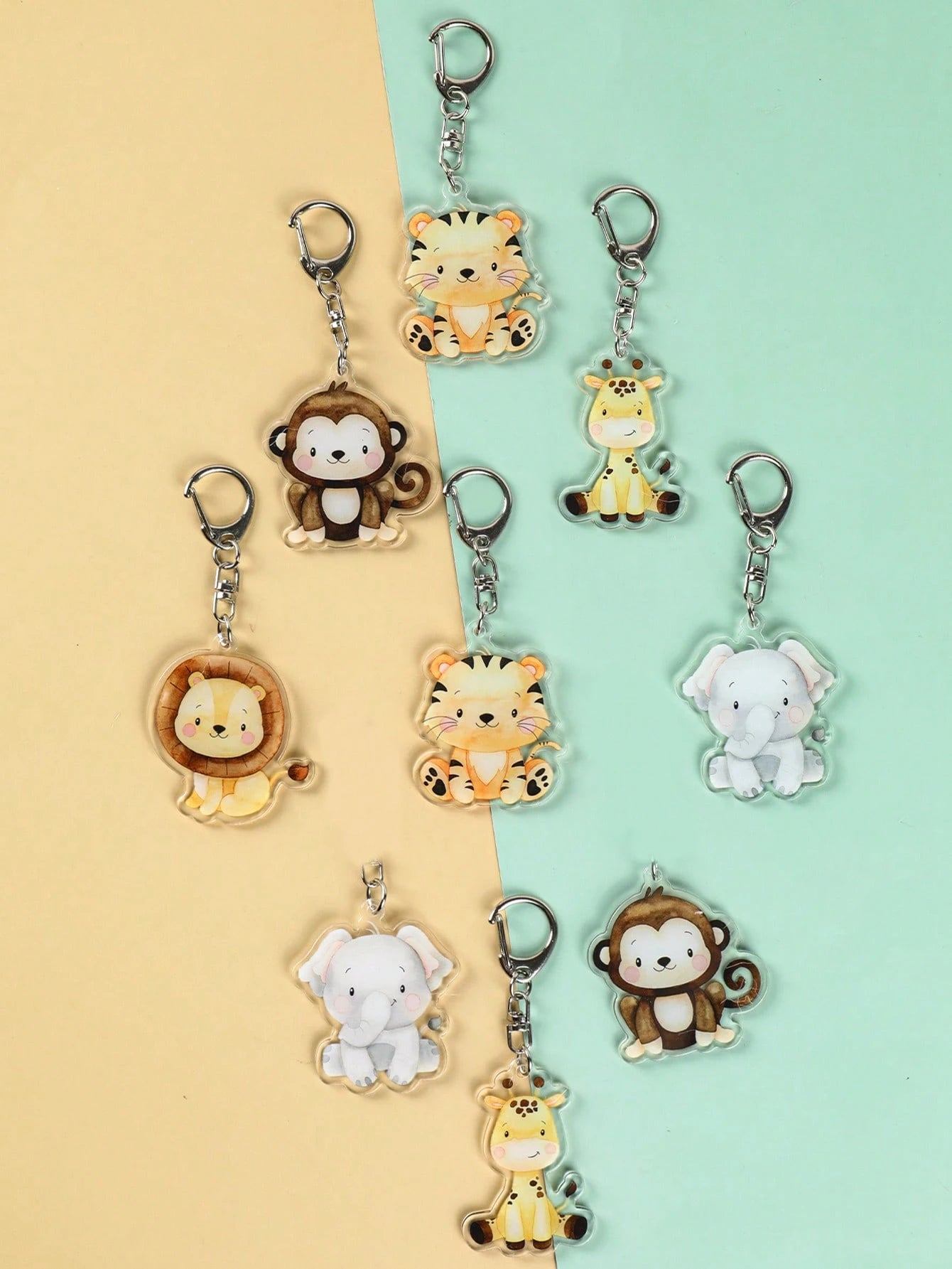 5pcs Cartoon Animal Keychain Set, Acrylic Keyrings With Elephant, Lion, Monkey, Tiger, Giraffe Patterns, Cute Animal Pendants, Jungle Animal Party Supplies, Jungle Theme Birthday Party, Baby Shower De