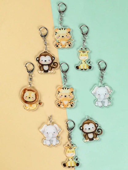 5pcs Cartoon Animal Keychain Set, Acrylic Keyrings With Elephant, Lion, Monkey, Tiger, Giraffe Patterns, Cute Animal Pendants, Jungle Animal Party Supplies, Jungle Theme Birthday Party, Baby Shower De