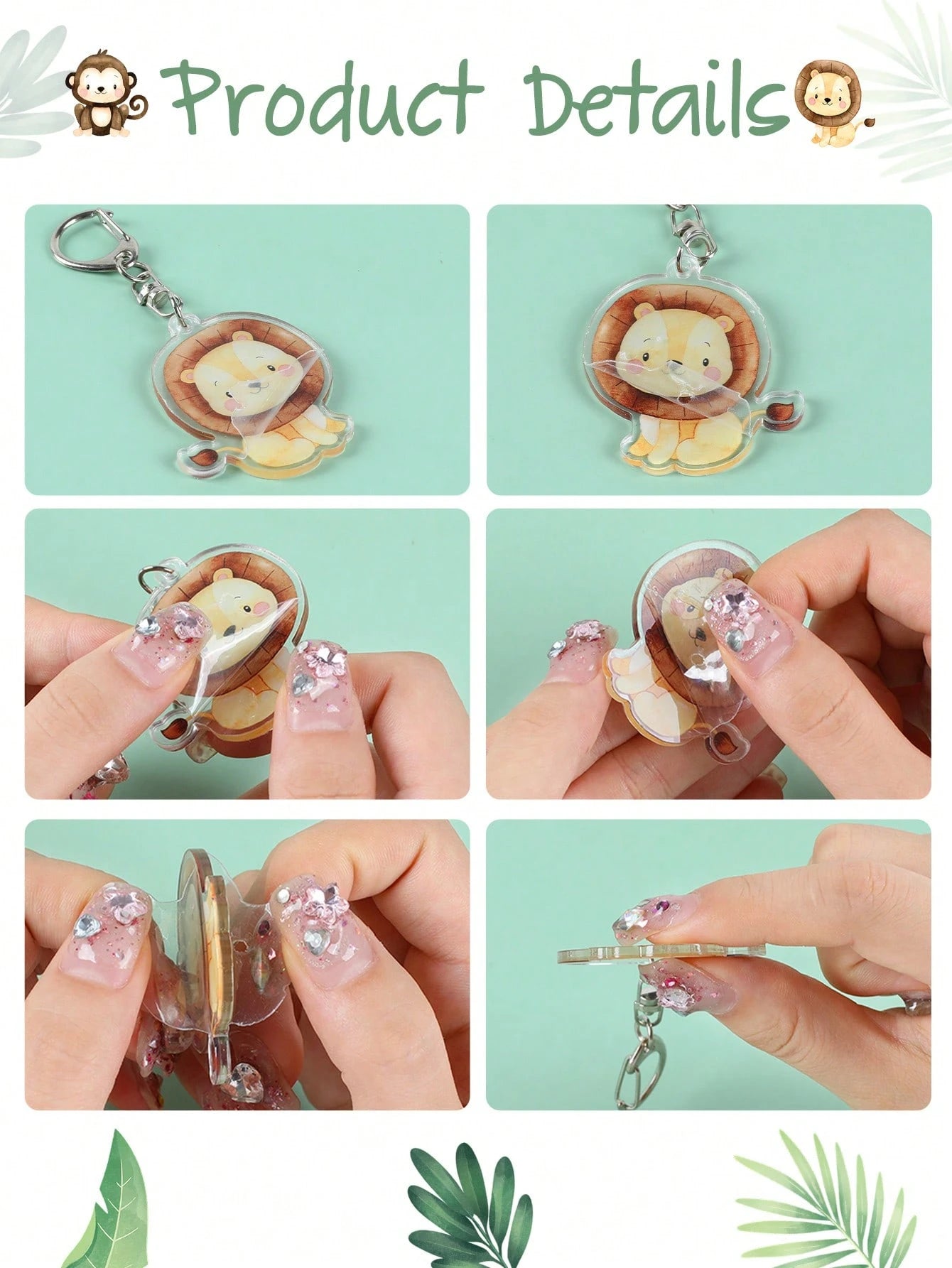 5pcs Cartoon Animal Keychain Set, Acrylic Keyrings With Elephant, Lion, Monkey, Tiger, Giraffe Patterns, Cute Animal Pendants, Jungle Animal Party Supplies, Jungle Theme Birthday Party, Baby Shower De