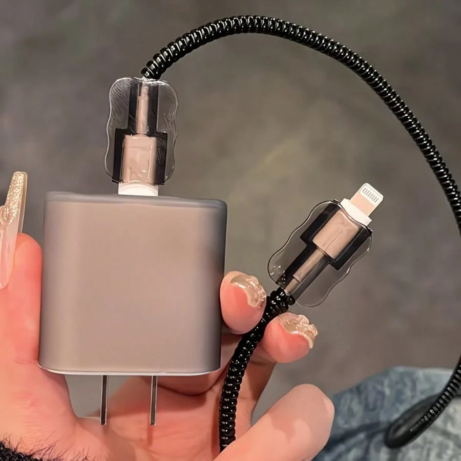 5pcs Matte Gray Charging Adapter Protector Case, Data Cable Protector, Winding Organizer Compatible With Iphone 14/15 Pro Max, 13/12/11 18/20W Charger, Boyfriend/Girlfriend Gift