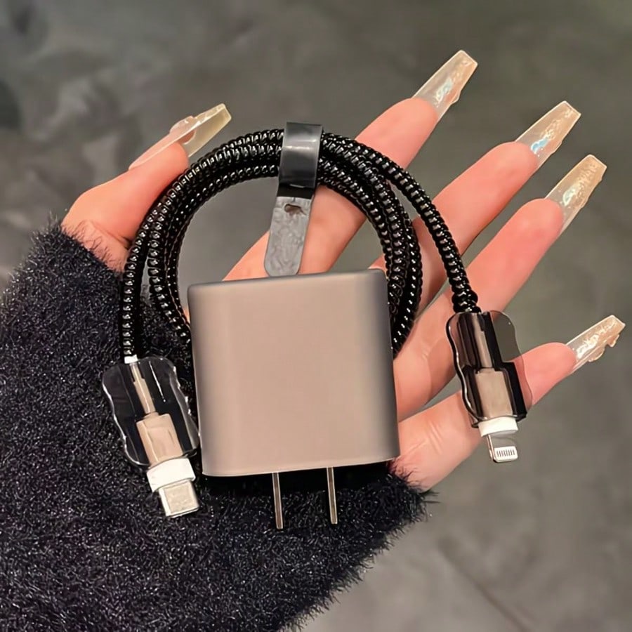 5pcs Matte Gray Charging Adapter Protector Case, Data Cable Protector, Winding Organizer Compatible With Iphone 14/15 Pro Max, 13/12/11 18/20W Charger, Boyfriend/Girlfriend Gift