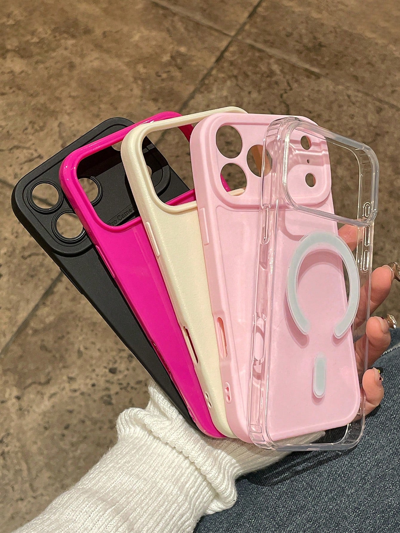 5pcs Minimalist, Dopamine, Transparent Magnetic, Black Matte Lens Protection, Litchi Texture Faux Leather, Glossy Pink Phone Cases, Ultra-Thin Full Coverage Lens Raised Anti-Fall Protective Case, Comp