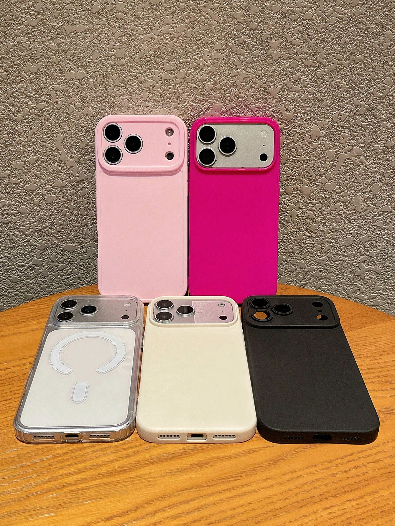5pcs Minimalist, Dopamine, Transparent Magnetic, Black Matte Lens Protection, Litchi Texture Faux Leather, Glossy Pink Phone Cases, Ultra-Thin Full Coverage Lens Raised Anti-Fall Protective Case, Comp