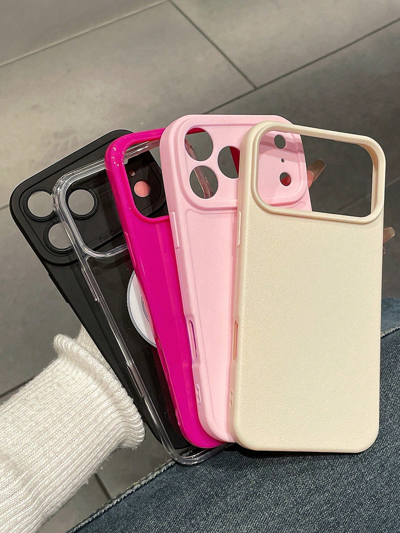 5pcs Minimalist, Dopamine, Transparent Magnetic, Black Matte Lens Protection, Litchi Texture Faux Leather, Glossy Pink Phone Cases, Ultra-Thin Full Coverage Lens Raised Anti-Fall Protective Case, Comp