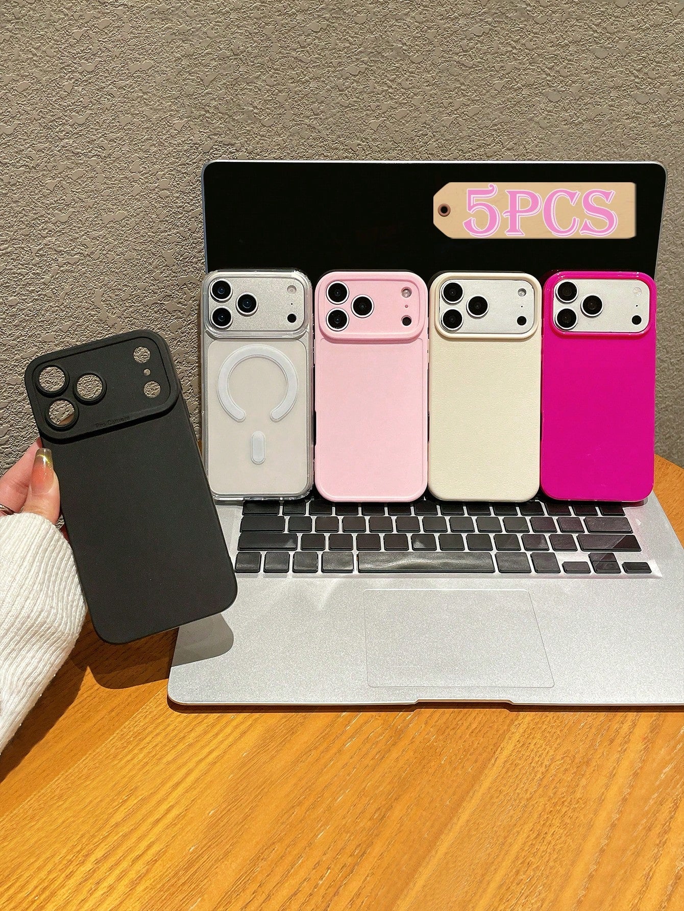 5pcs Minimalist, Dopamine, Transparent Magnetic, Black Matte Lens Protection, Litchi Texture Faux Leather, Glossy Pink Phone Cases, Ultra-Thin Full Coverage Lens Raised Anti-Fall Protective Case, Comp