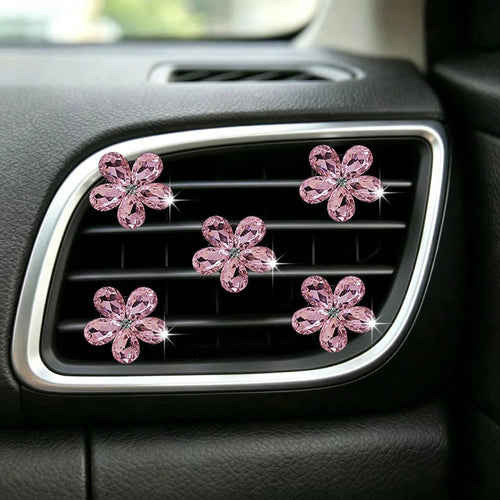 5pcs Pink Small Crystal Set Car Air Vent Aromatherapy Decor Clip Shiny Car Interior Decoration