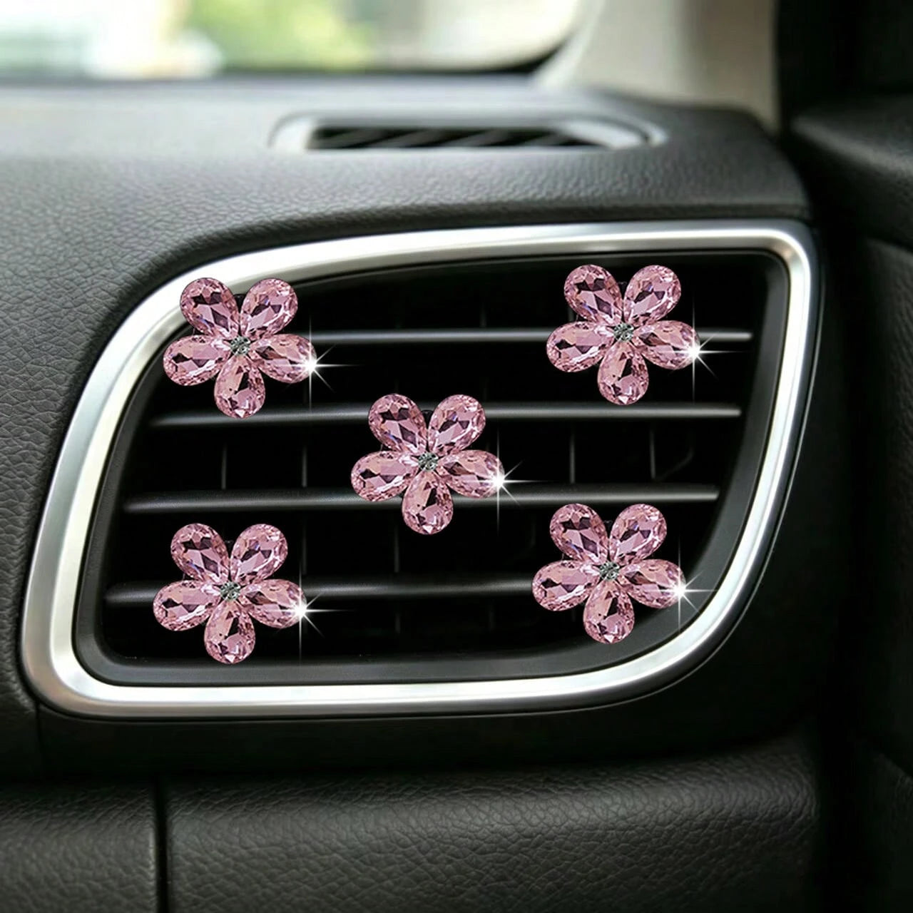 5pcs Pink Small Crystal Set Car Air Vent Aromatherapy Decor Clip Shiny Car Interior Decoration