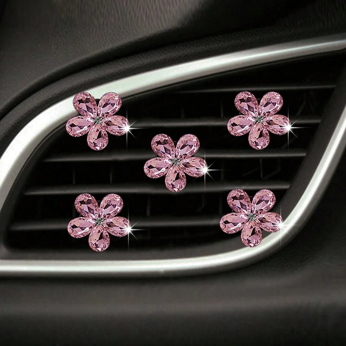 5pcs Pink Small Crystal Set Car Air Vent Aromatherapy Decor Clip Shiny Car Interior Decoration