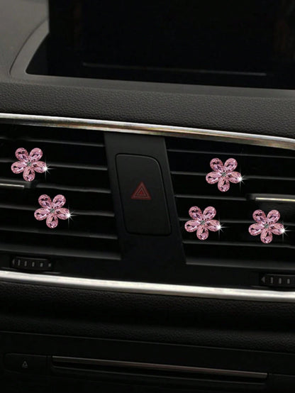 5pcs Pink Small Crystal Set Car Air Vent Aromatherapy Decor Clip Shiny Car Interior Decoration